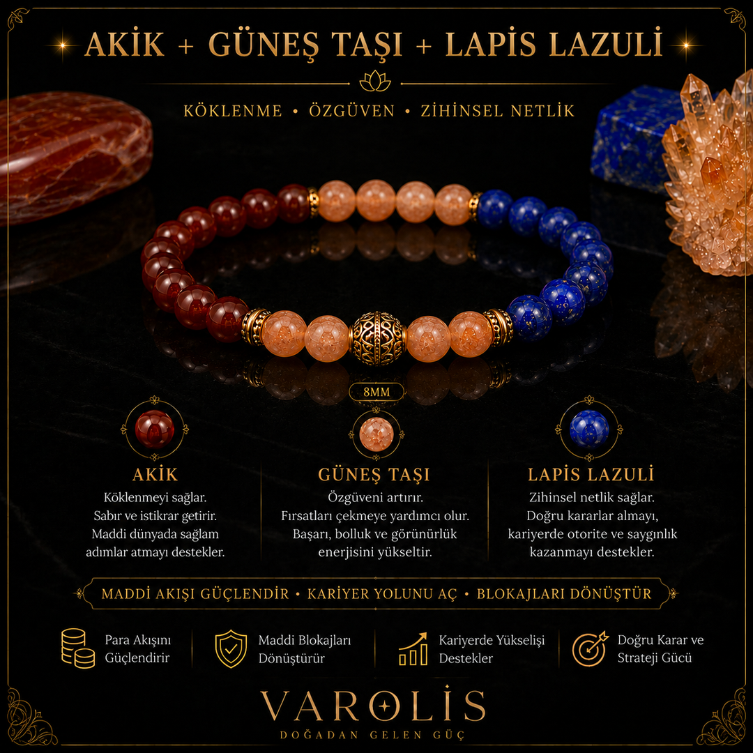 Akik+Güneş Taşı + Lapis Lazuli