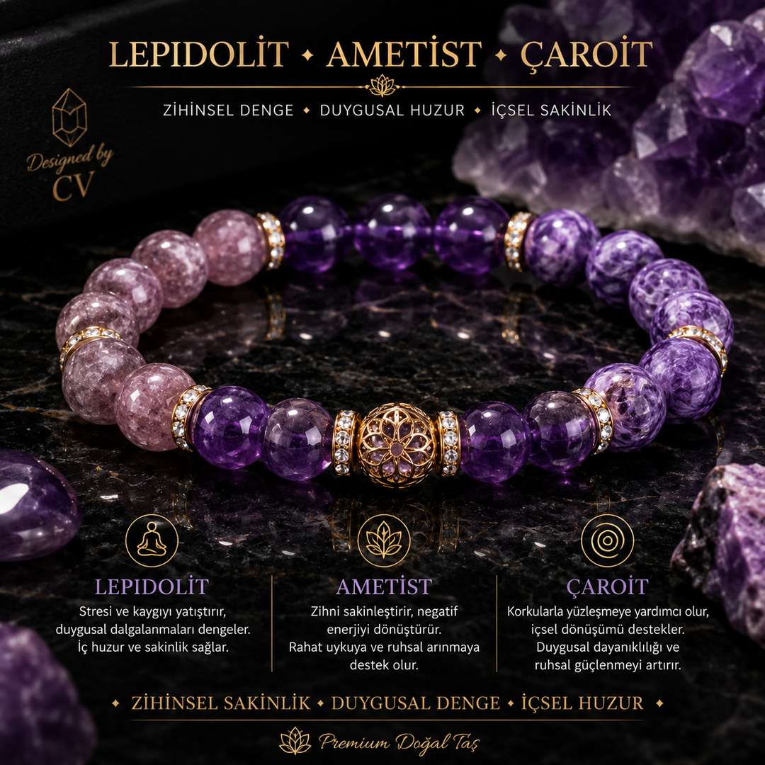 Lepidolit + Ametist + Çaroit